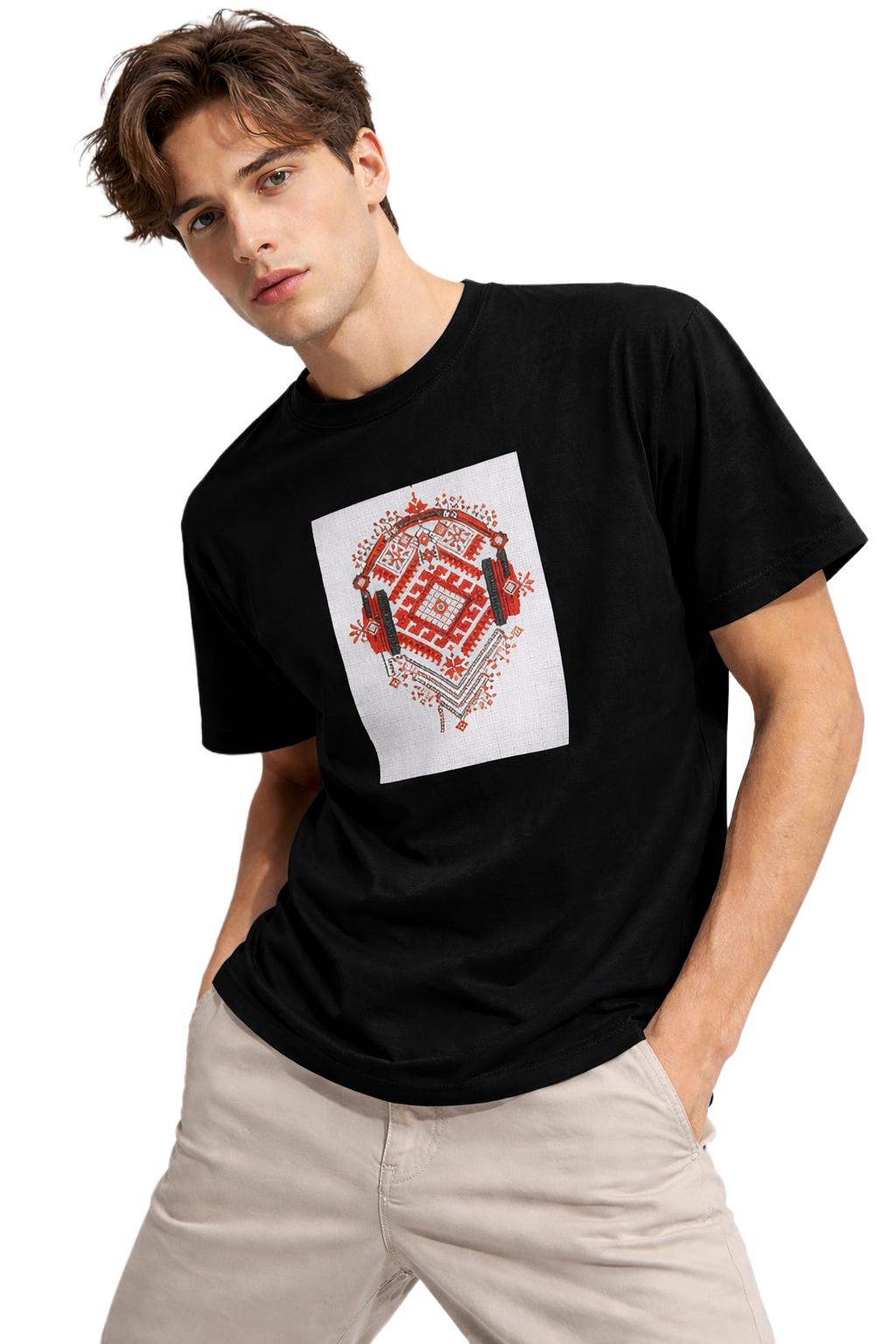 TECHNO HEADPHONE PRINT HALF SLEEVE T SHIRT FOR MEN BY ATHEOS | BLACKOUTPOLLACHI