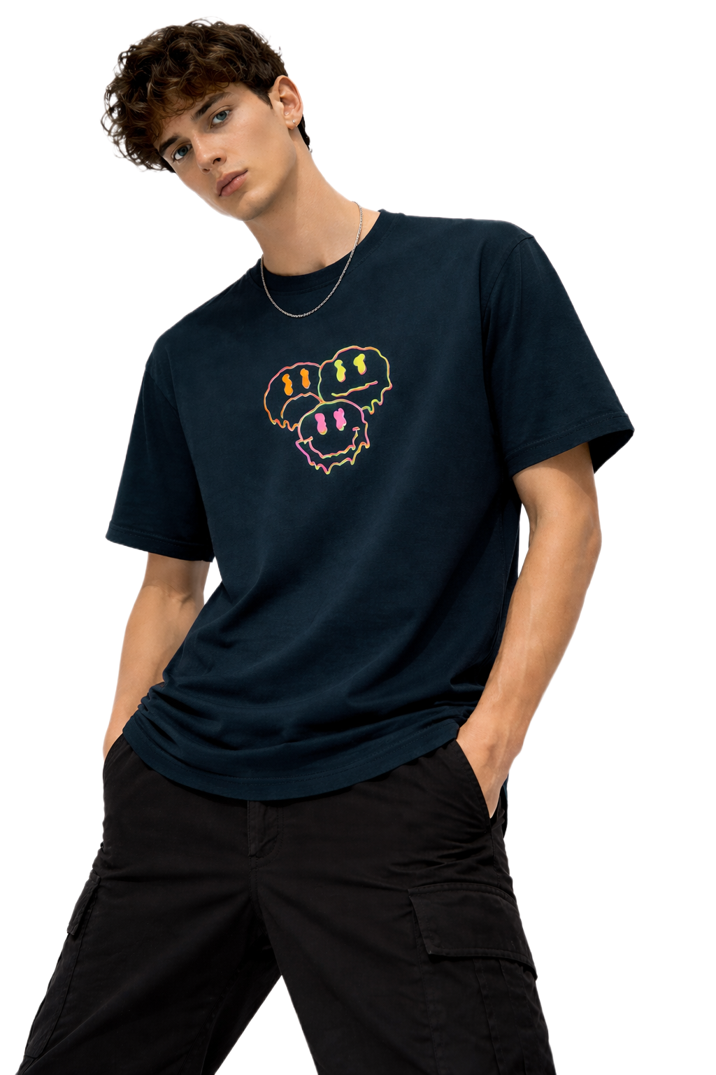 TRIPPY SMILE PRINT HALF SLEEVE T SHIRT FOR MEN BY ATHEOS | BLACKOUTPOLLACHI