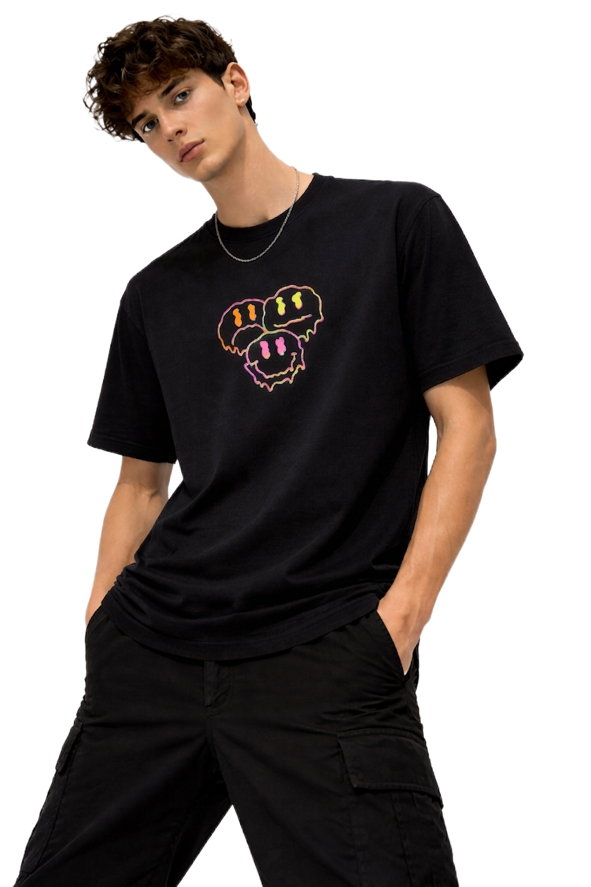 TRIPPY SMILE PRINT HALF SLEEVE T SHIRT FOR MEN BY ATHEOS | BLACKOUTPOLLACHI
