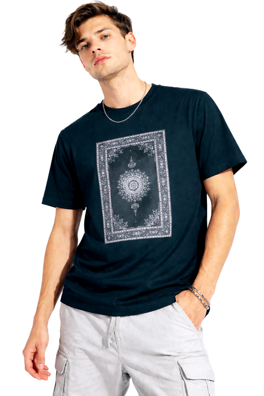 TURKISH CARPET DESIGN BLACK PRINT HALF SLEEVE T SHIRT FOR MEN BY ATHEOS | BLACKOUTPOLLACHI