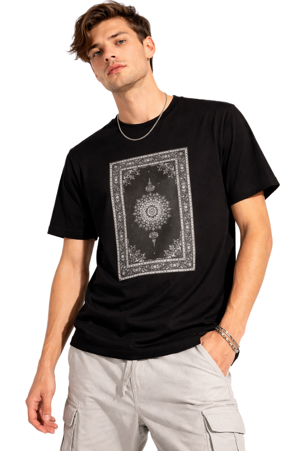 TURKISH CARPET DESIGN BLACK PRINT HALF SLEEVE T SHIRT FOR MEN BY ATHEOS | BLACKOUTPOLLACHI