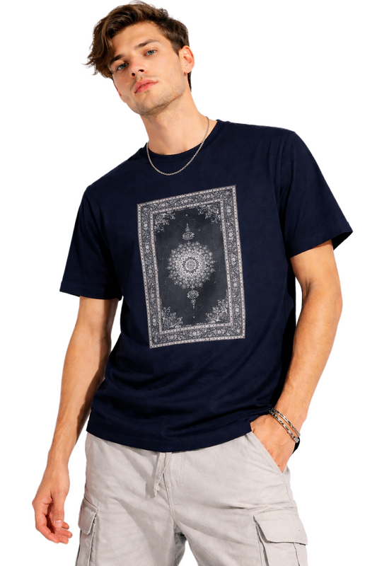 TURKISH CARPET DESIGN BLACK PRINT HALF SLEEVE T SHIRT FOR MEN BY ATHEOS | BLACKOUTPOLLACHI