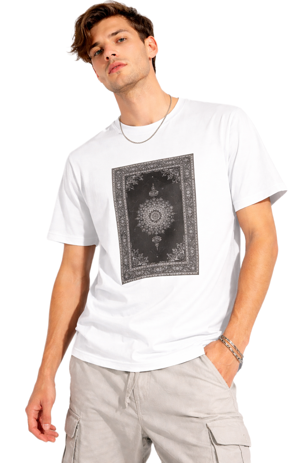 TURKISH CARPET DESIGN BLACK PRINT HALF SLEEVE T SHIRT FOR MEN BY ATHEOS | BLACKOUTPOLLACHI