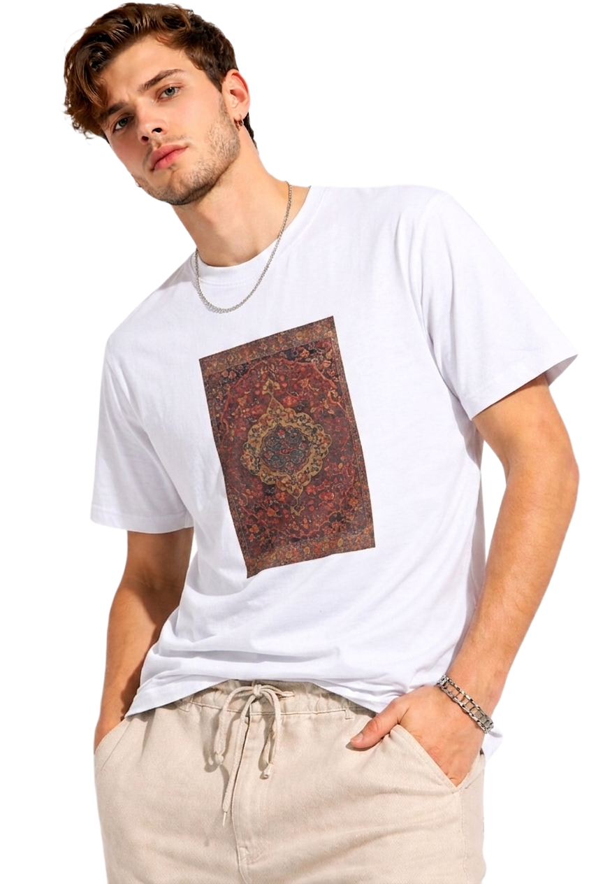 TURKISH CARPET RED PRINT HALF SLEEVE T SHIRT FOR MEN BY ATHEOS | BLACKOUTPOLLACHI