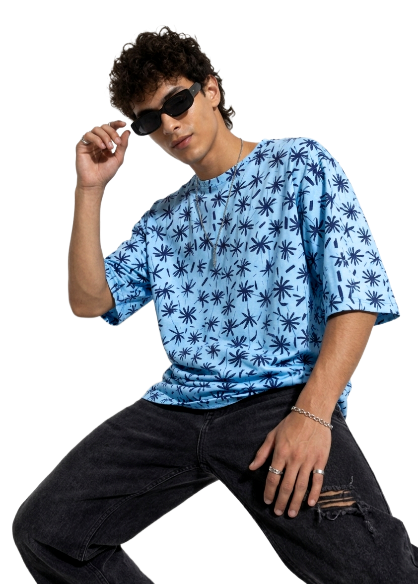 SKY BLUE PRINTED OVERSIZED T SHIRT
