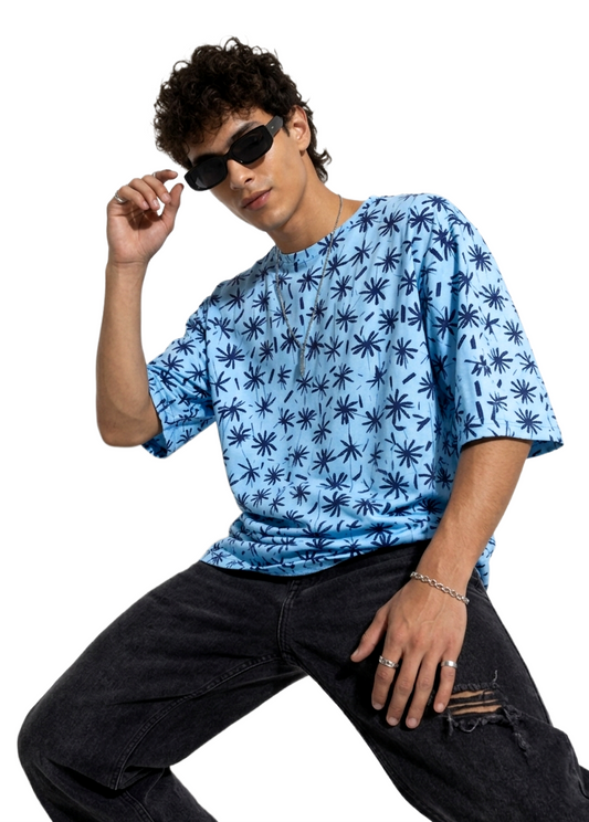SKY BLUE PRINTED OVERSIZED T SHIRT