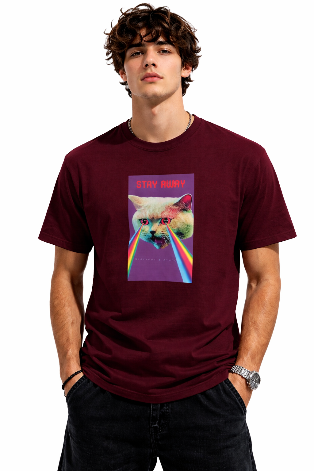 STAY AWAY PRINT HALF SLEEVE T SHIRT FOR MEN BY ATHEOS | BLACKOUTPOLLACHI