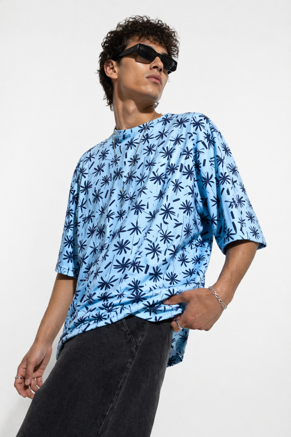 SKY BLUE PRINTED OVERSIZED T SHIRT